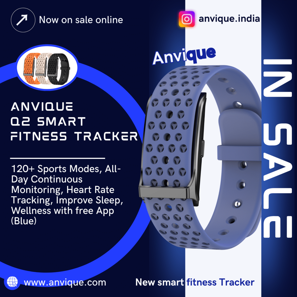 Anvique Q2 Smart Health Wristband, Wearable Activity & Fitness Tracker, 120+ Sports Modes, All-Day Continuous Monitoring, Heart Rate Tracking, Improve Sleep, Wellness with free App (Blue)